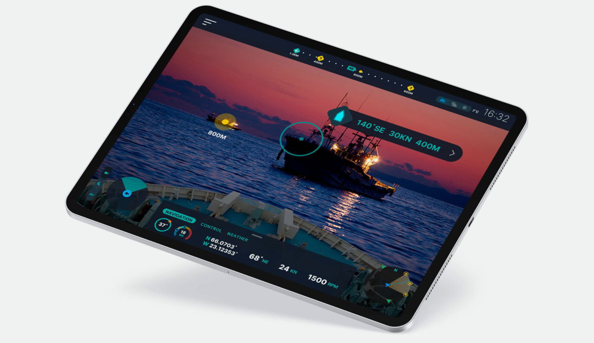 Table displaying navigation UI over view of tugboat in the water.